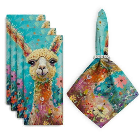 

Bahomeck Napkins Set Of 4 Reusable Washable Square Fabric Dining Table Napkins Weddings Party Dinner Decor 18*18 Inch Cute Happy Baby Alpaca In The Middle Of Colorful Wildflowers