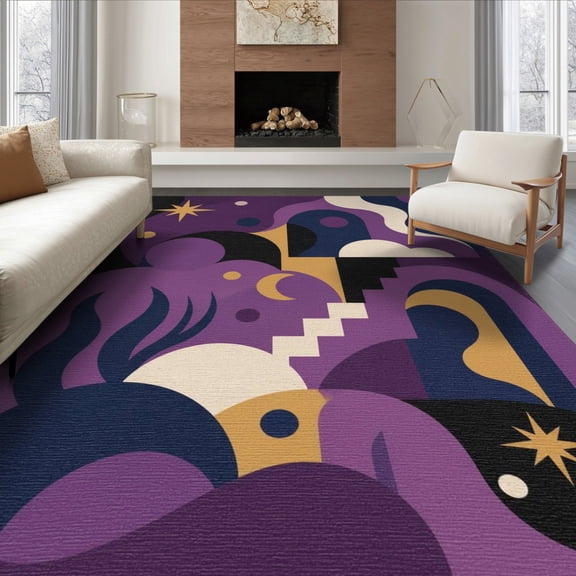 ODIKA 8'x10' Washable Area Rug Purple Gold Abstract Celestial Design Geometric and Astral Motifs with Modern Artistry for Living Room, Under Sectional, Family , Durable, Non-Slip