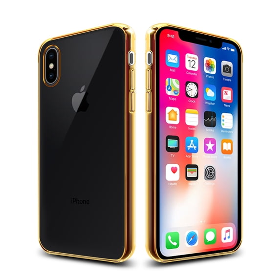 FINCIBO Soft TPU Case Slim Protective Cover for Apple iPhone X, Gold Glassy Electroplated