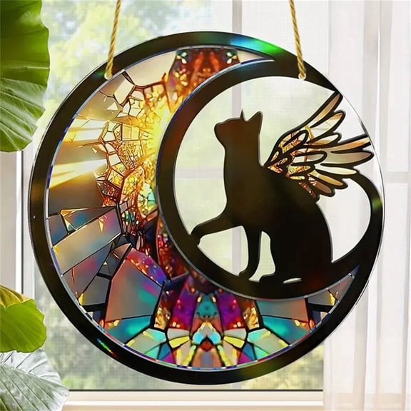 Sinkoo 2 Pack Boho Decor Sun Catcher Moon Flying Cat 8inch Window Hanging Suncatcher, Indoor Home Decor, Holiday Birthday Gift for Family Friends Bird Lovers