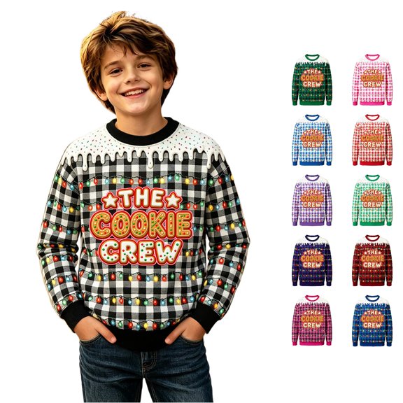 XAOFW Christmas Boys Sweatshirts Long Sleeve Crew Neck Plaid Christmas Lights Print Sweatshirts Toddler Kids Comfort Fit Fall Winter Clothes