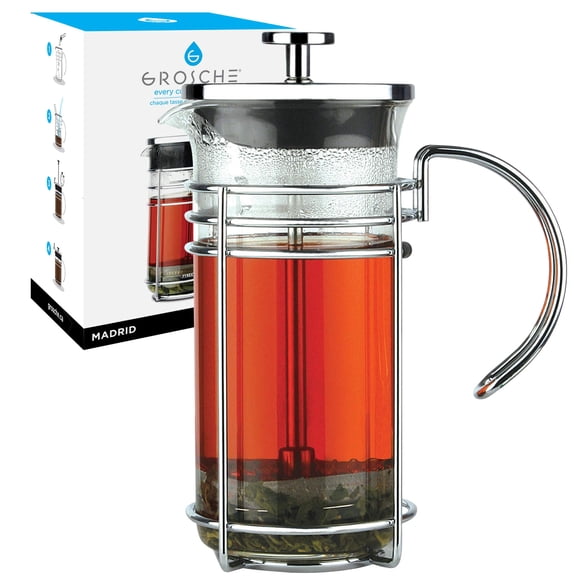 GROSCHE Madrid French Press Coffee Maker, Tea Press Coffee Press 0.35 L / 11.8 oz quality borosilicate glass, stainless steel coffee filter. One mug size personal coffee maker, mini coffee maker