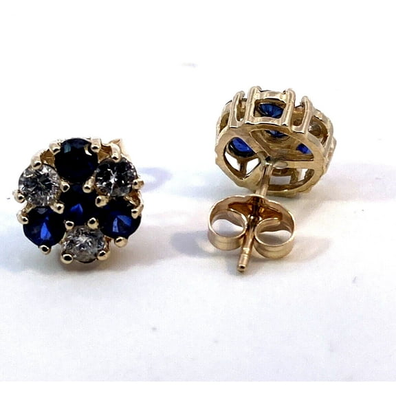 Round Blue Sapphire Diamond Cluster Stud Earrings 2CT 14K Yellow Gold Plated