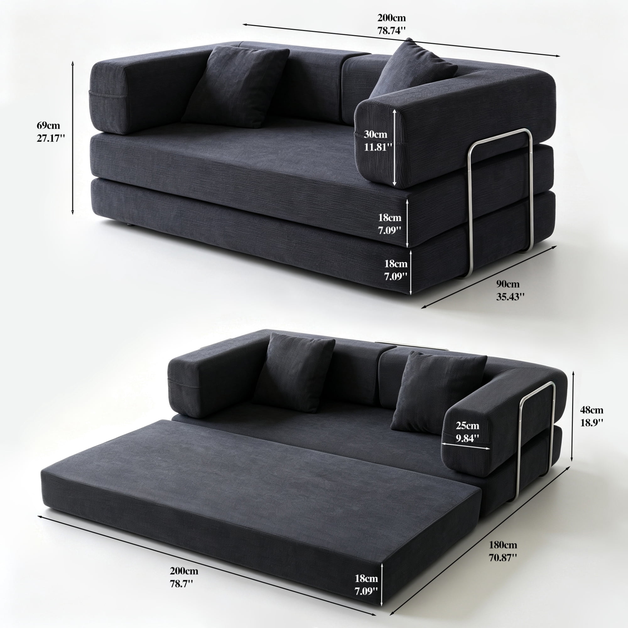 HOQBN Double Sofa Bed, Multifunctional Compression Sofa, Wide Body Pure Spine Sofa, Fine Striped Corduroy Fabric Sofa for Living Room Antique Dark Grey