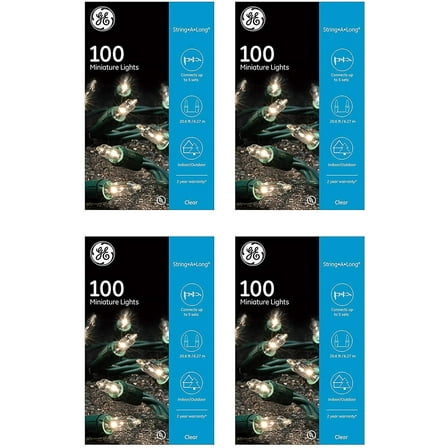 GE String A Long 100 Count Indoor / Outdoor Mini Clear White Holiday / Party Lights Set on Green Wire (4 Pack)