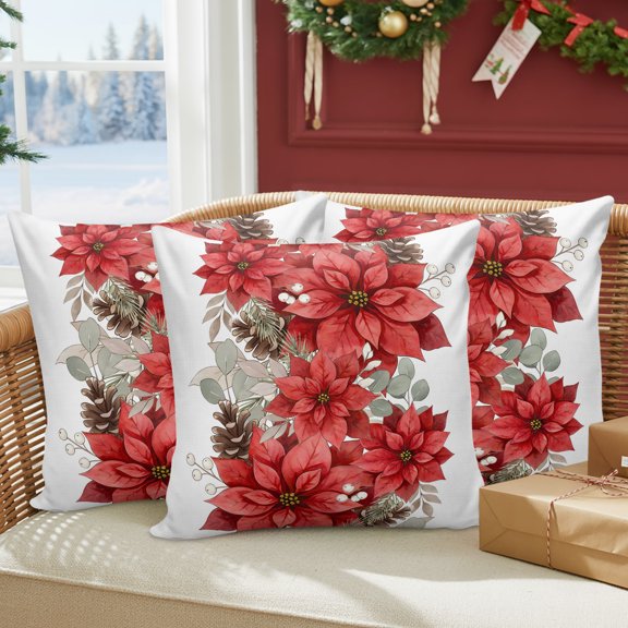Christmas Floral Outdoor Waterproof Throw Pillow Covers Set of 2, 24"x24", Cottagecore Red Poinsettia Pine Cones Decorative Pillow Covers Outside Cushion Case for Patio Porch Garden