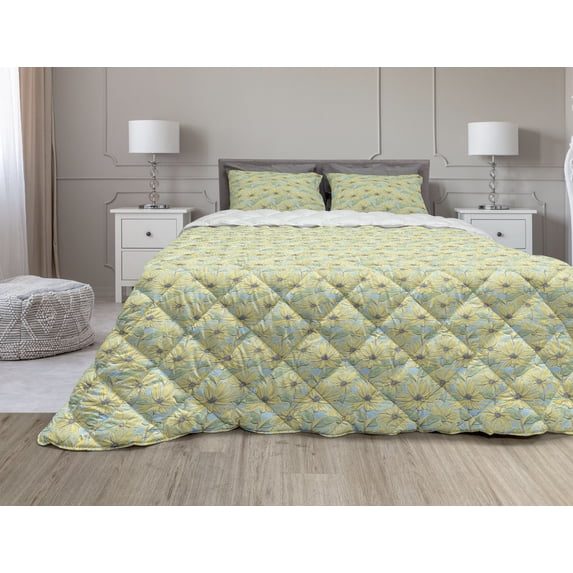 Floral Comforter & Sham Bedding Set, Continuous Innocent Echinacea Hand Drawn Sketch, 3 pcs Duvet Set Microfiber Filling Quilt, 5 Sizes, Pastel Yellow Pale Blue, by Ambesonne