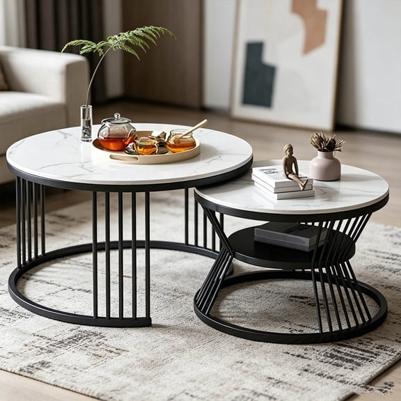 Zehiseta Nesting Coffee Table Set, Round Sintered Stone Surface Black Metal Base Minimalist Furniture