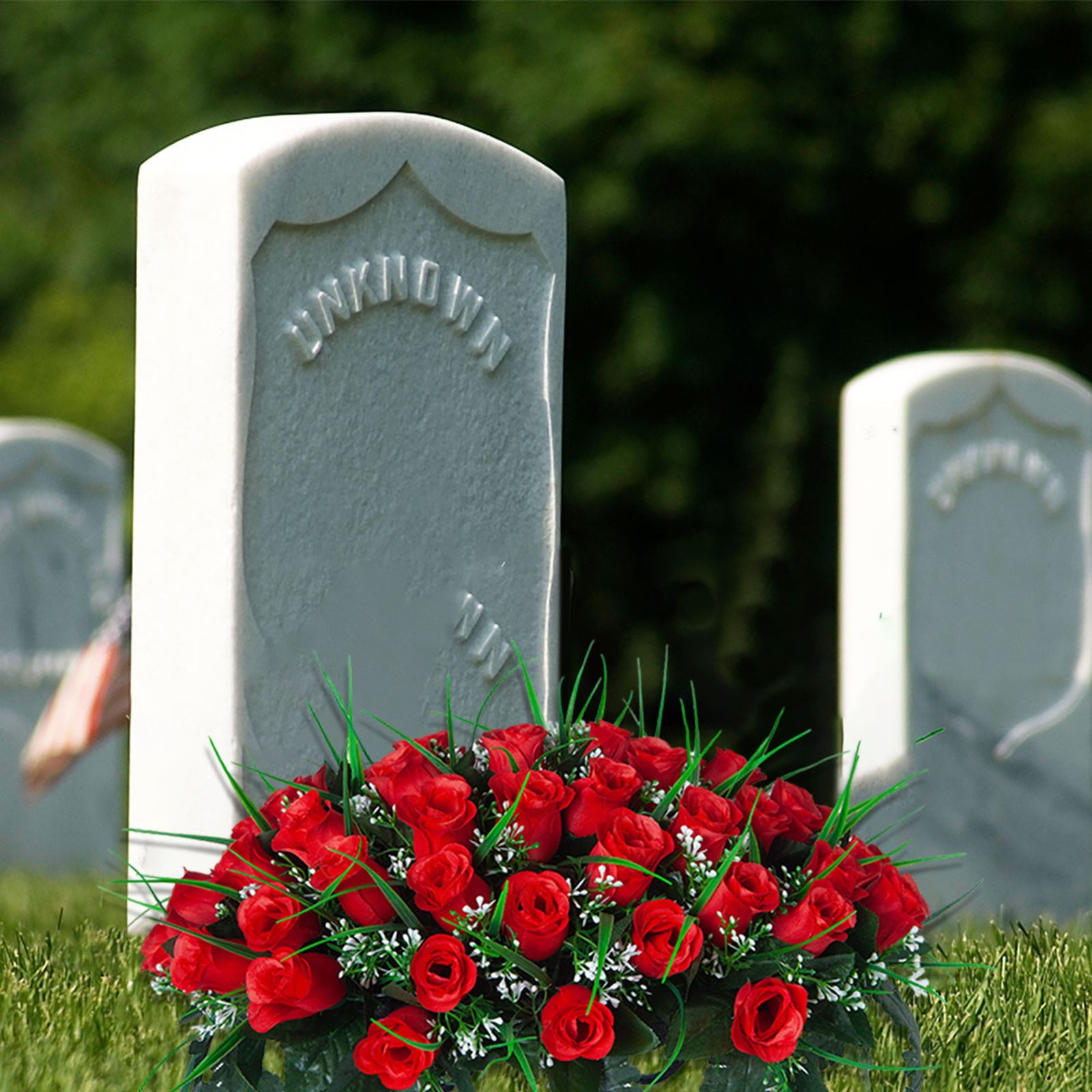 Outdoor Memorial Grave Saddle - Red & White Silk Rose Headstone Decoration, All-Weather Artificial Flowers for Cemetery & Gravesite