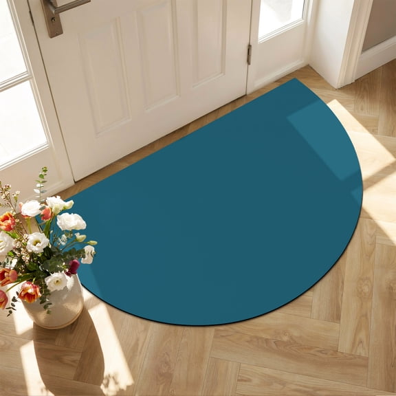 Half Circle Door Mat 20"×31.5" Solid Dark Absorbent Door Mat Outside Entrance Teal Low-Profile Non Slip Front Rug for Kitchen Bathroom Bedroom