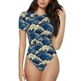 thumbnail image 1 of Bingfone Japanese Water Wave Pattern Women's Round Neck Bodysuit, Tight Snap Button Short Sleeve Bodysuit, Suitable for Party, Sports, Daily Wear-XX-Large, 1 of 7