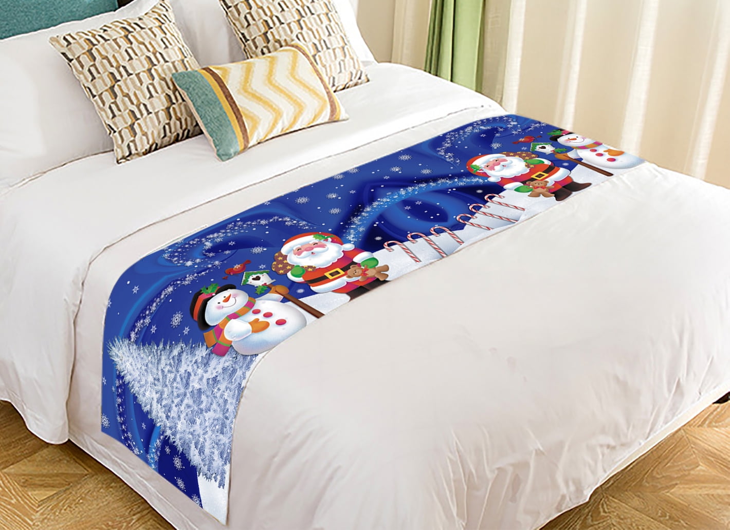 GCKG Merry Christmas Santa Claus and Snowman Super Bed Decoration Bed Runner Bedding Scarf 20x95 Inch