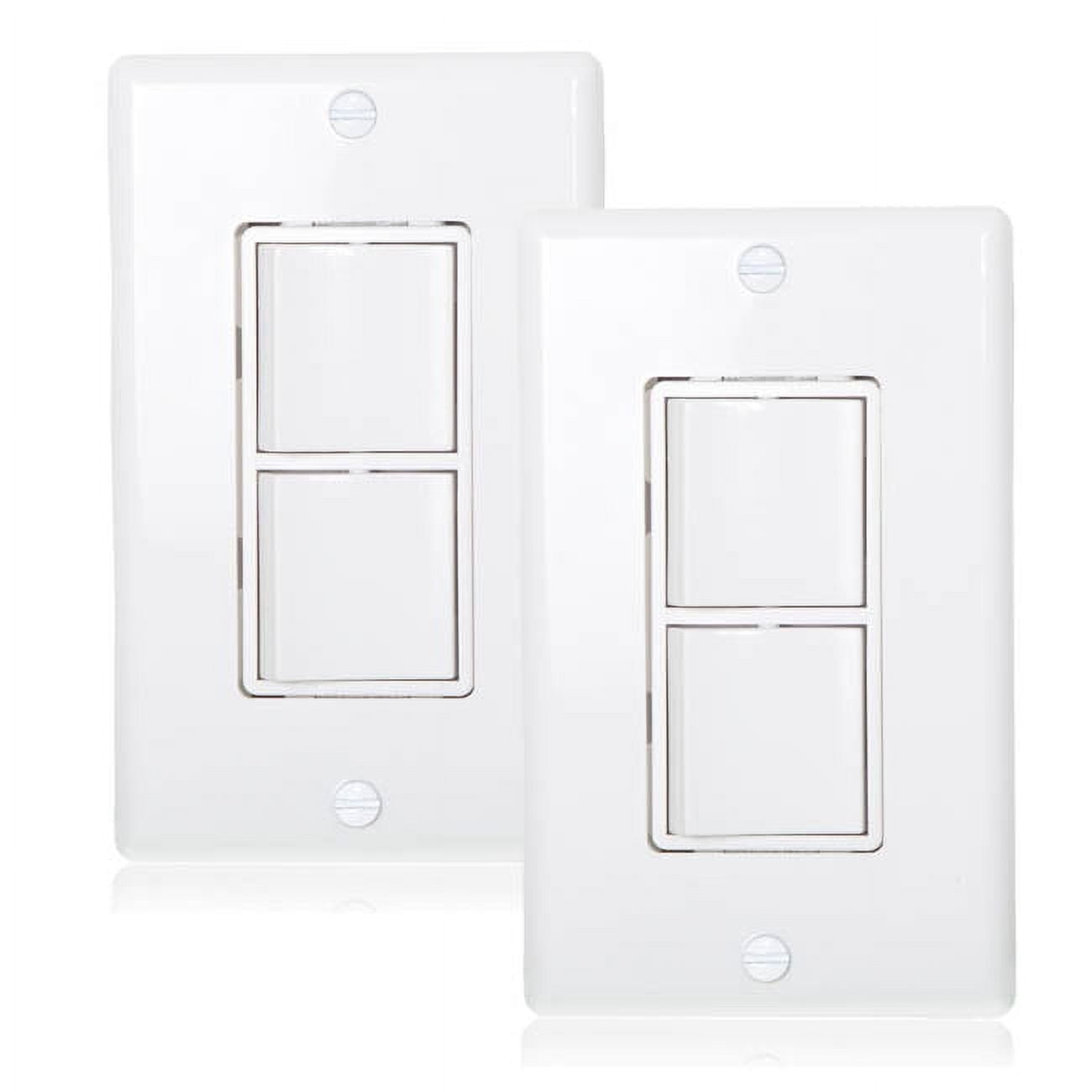 Maxxima AC Combination Switch - Double On/Off Paddle Rocker Light Switch, White Decorative Wall Plates Included, 15 Amp, Ideal for Bedrooms, Kitchens, Fans, and Household Use - 2 Pack