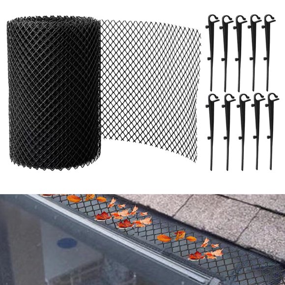 20Ft Gutter Guards Plastic Guards Mesh Rolls Downspout Pipe Gutter Covers DIY Filter Gutter Protection Netting with 10 Clip Fixed Hooks Preventing from Twigs Debris Clogged Leaves (Black)