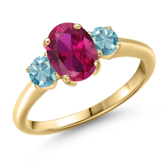 Gem Stone King 2.35 Ct Oval Red Created Ruby Blue Zircon 18K Yellow Gold Plated Silver Ring (Size 9)