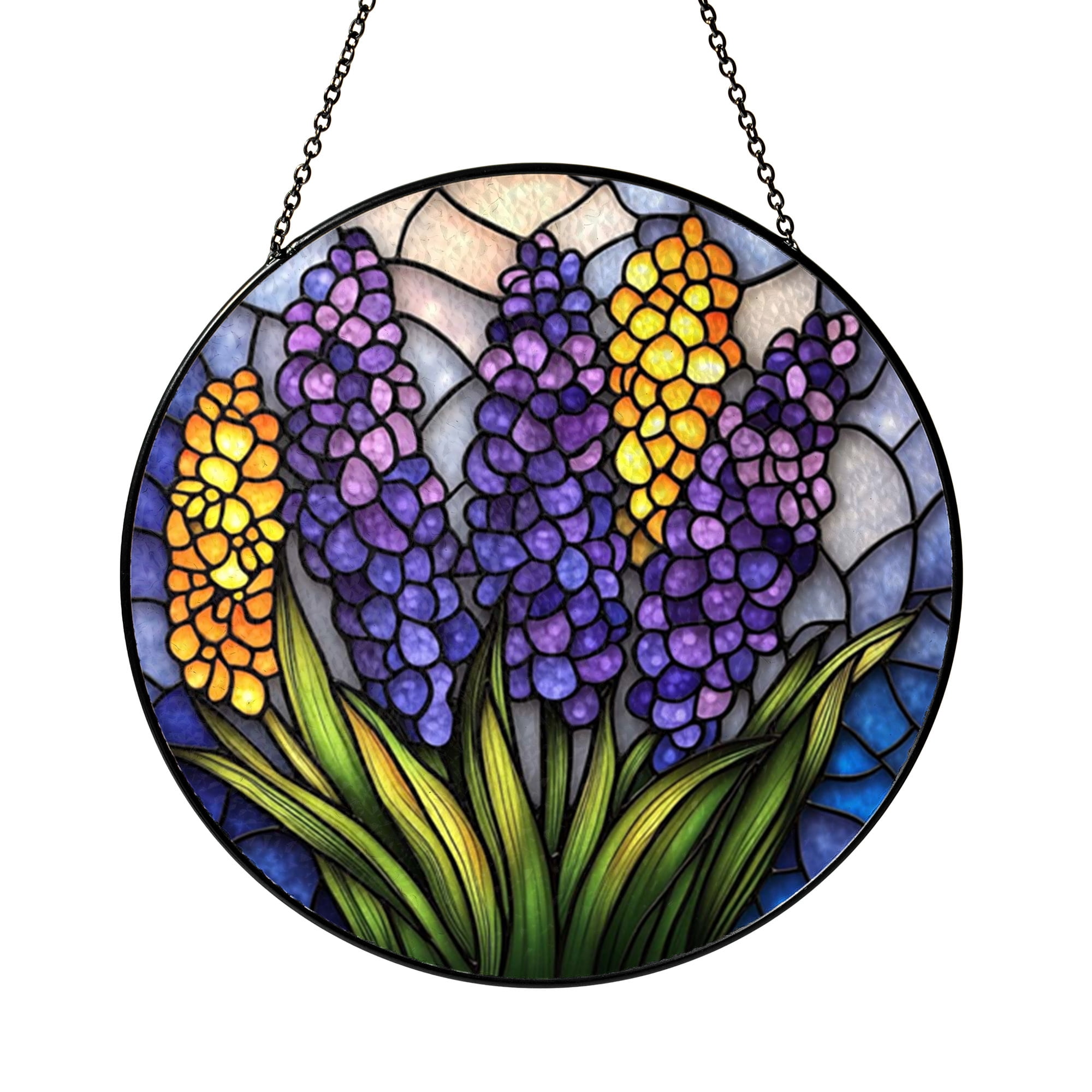 Botanical Iris and Lupine Stained Glass Suncatcher Round Window Art Decorative Floral Glass for Home Interior Display