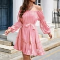 thumbnail image 1 of WILLBEST Vestidos De Verano Para Mujer, Moda Informal, Color Sólido, Elástico, Cuello De Una Línea, Porosidad, Hoja, Manga Larga Con Cinturón Y Hombros Descubiertos, Vestido De Gasa, 1 of 3