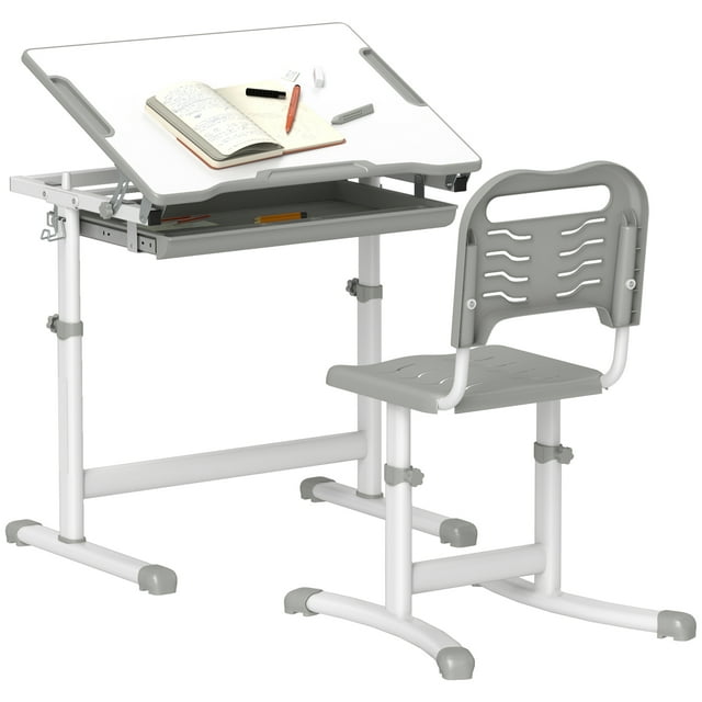 Qaba Height Adjustable Kids Desk and Chair Set with Tiltable Desktop, Grey