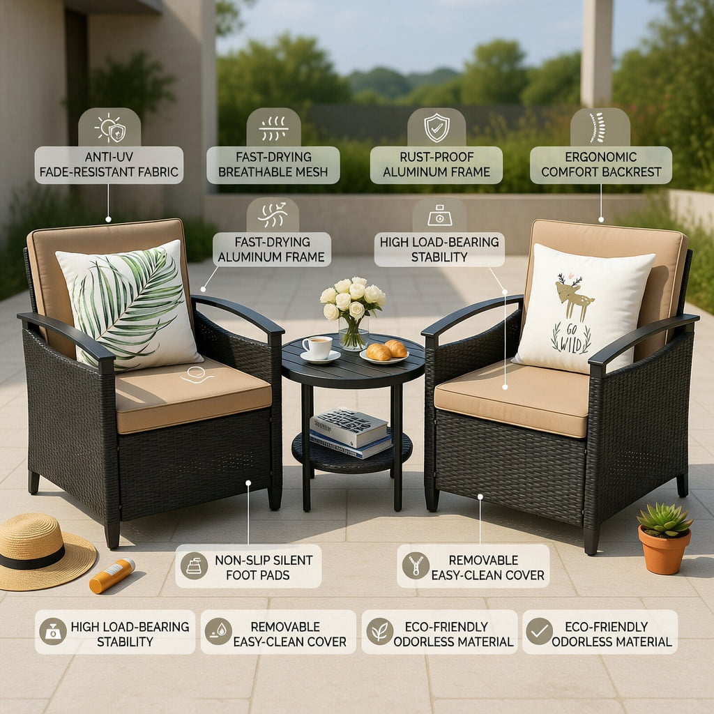 Hommoo 3-Piece Outdoor Rattan Patio Furniture Set, 2 Seater Sofas with Cushions + Storage Coffee Table with Shelf, Weather-Resistant Wicker Garden & Backyard Set, Brown and Black