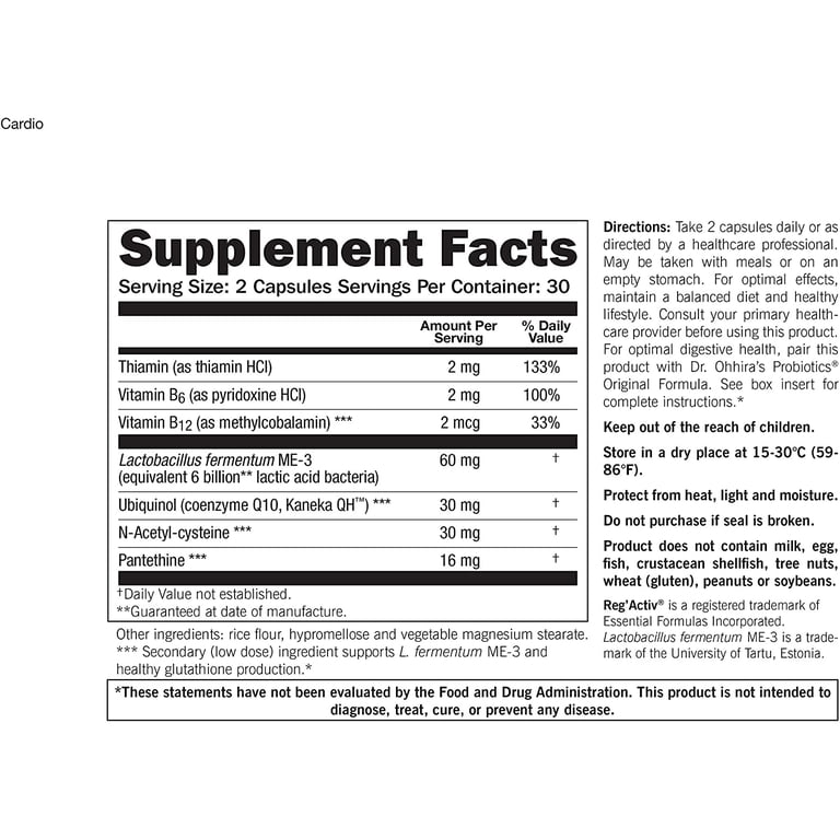 lactobacillus fermentum me-3 glutathione Reg'Activ Cardio Wellness with Glutathione Producing Lactobacillus  fermentum ME-3, Pantethine and CoQ10