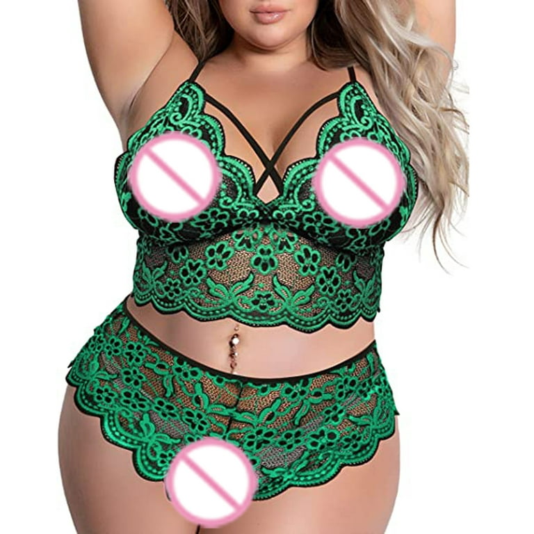 Plus Size 2 Piece Lingerie for Women, Strappy Bra and Panty