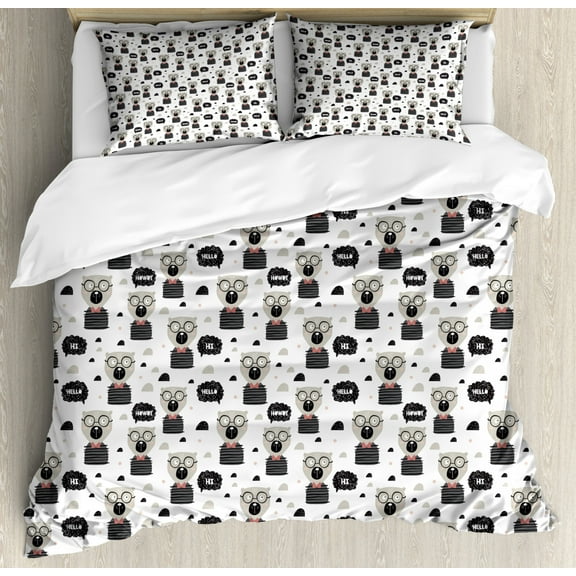 Hipster Duvet Cover Set Queen Size, Comic Animals Portraits with Hello and Howdy Hi Speech Bubbles Fun Kids, Decorative 3 Piece Bedding Set with 2 Pillow Shams, Pale Grey Black Coral, by Ambesonne