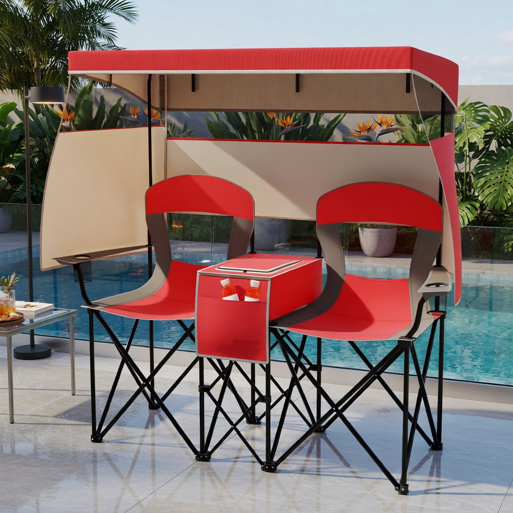 Hommoo Double Beach Chair with Adjustable UPF50+ Canopy, 3-Side Roll-Up Shade Curtains, Built-in Cooler Bag & Mesh Ventilation, Red