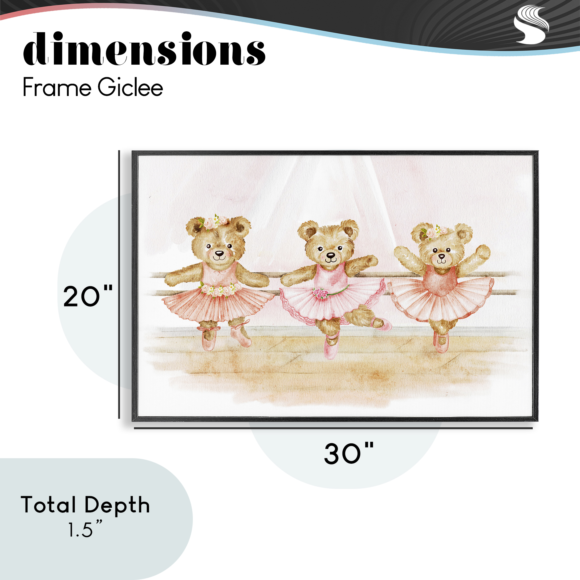 Ballet Teddies Triplet Black Framed Giclee Art, design by Amy Hall