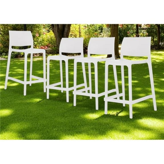 HomeRoots 565370 26 in. White Heavy Duty Plastic Low Back Outdoor Counter Height Bar Chairs - Set of 4