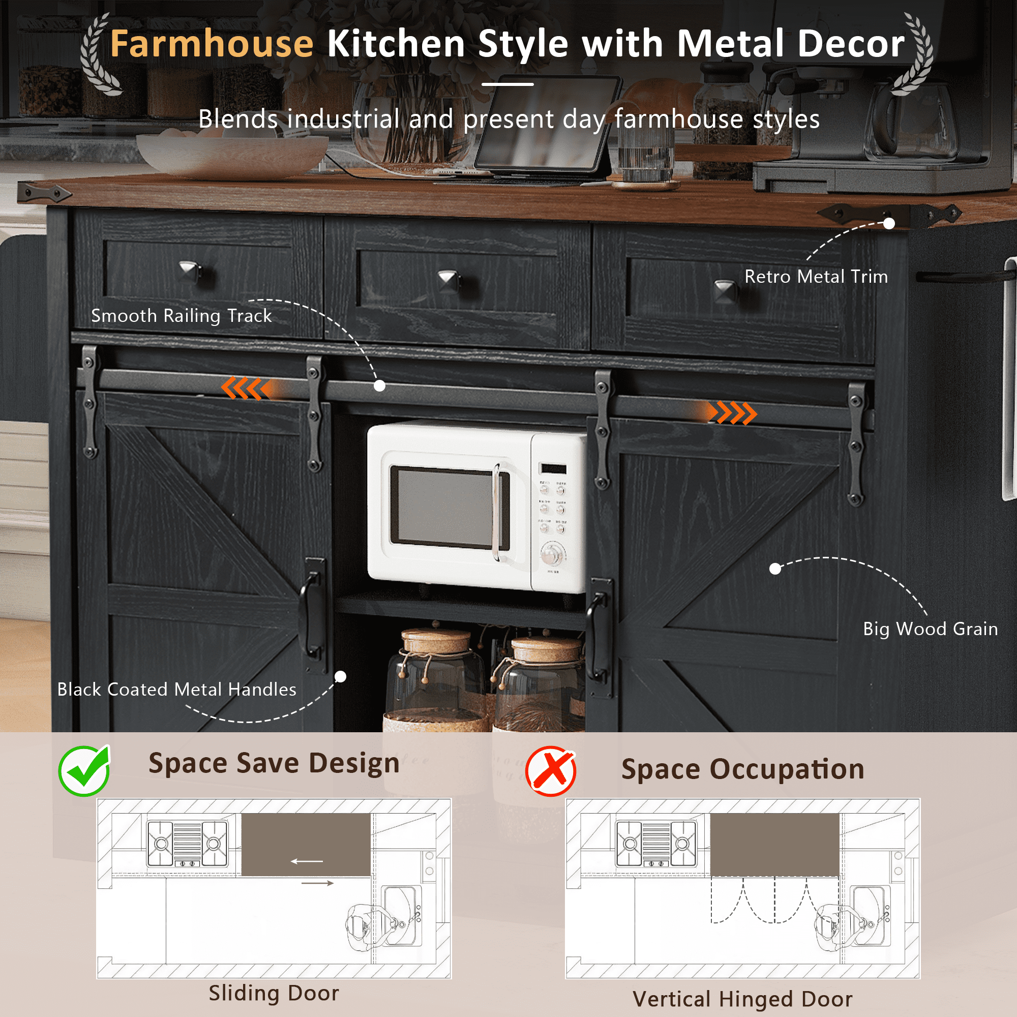 Euroco 53.7" Farmhouse Kitchen Island Cart with Storage on Wheels,Rolling Kitchen Cart with Power Outlet, 2 Doors and Drop Leaf for Dining Room