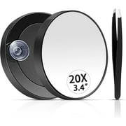 20X Magnifying Mirror with Suction Cup and Tweezers, 3.4" Suction Cups Magnifier Travel Set (Black)
