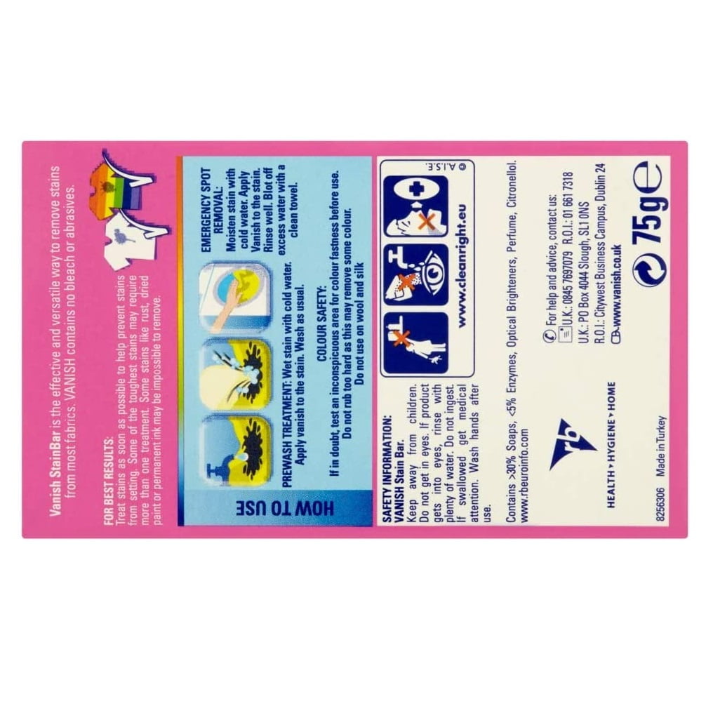 Vanish Fabric Stain Remover Pre-Wash Soap Bar 75g (Single)