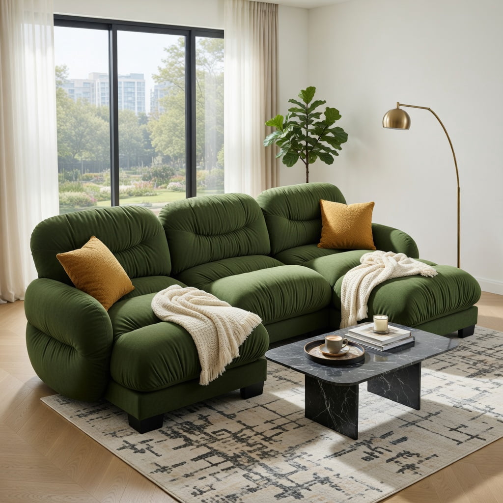 Hommoo Chenille L-Shaped Modular Sectional Sofa with Ottoman, 3-Seat Pleated Design & Ergonomic Foam Cushions, Includes 2 Round Throw Pillows, Green
