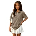 thumbnail image 2 of Girl's Short Sleeve Polo Shirt Button Soild Color School Uniform Shirt Light Brown 150, 2 of 6
