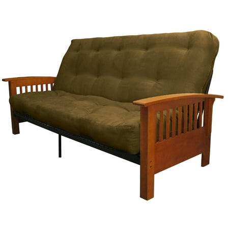 Morris Mission Style 10 Inch Loft Inner Spring Futon Sofa Sleeper Bed Full Size Medium Oak Arms Suede Olive Green