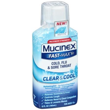 Mucinex ® rapide Max® clair &amp; Cool ™ Maximum Strength froid, la grippe et la gorge Sore fl 6. onces. Bouteille