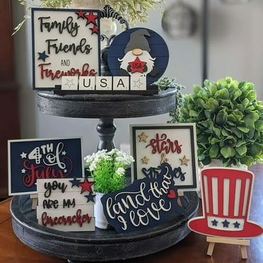 4th of July Tiered Tray Decor - 8pcs Patriotic Wooden Signs  - Farmhouse Rustic Decor Items for Home Table Memorial Day Independence Labor Day