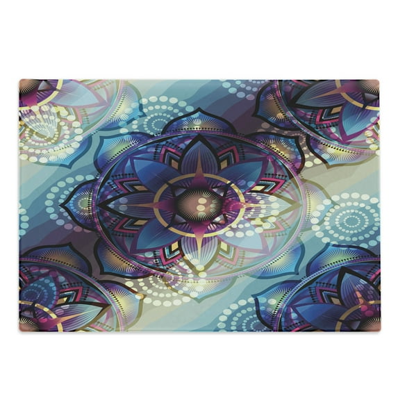 Lotus Cutting Board, Gradient Diagonal Mystic Geometric Alchemy Trippy Motif Ornaments, Decorative Tempered Glass Cutting and Serving Board, Large Size, Multicolor, by Ambesonne