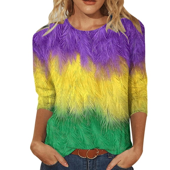 XUNKUSGA Carnival Tops for Women Fashion Printed Going Out Tops Classic Loose Casual Crew Neck 3/4 Sleeve Pullover Womens Tops Comfortable Lightweight Blouses for Women S-12XL Yellow