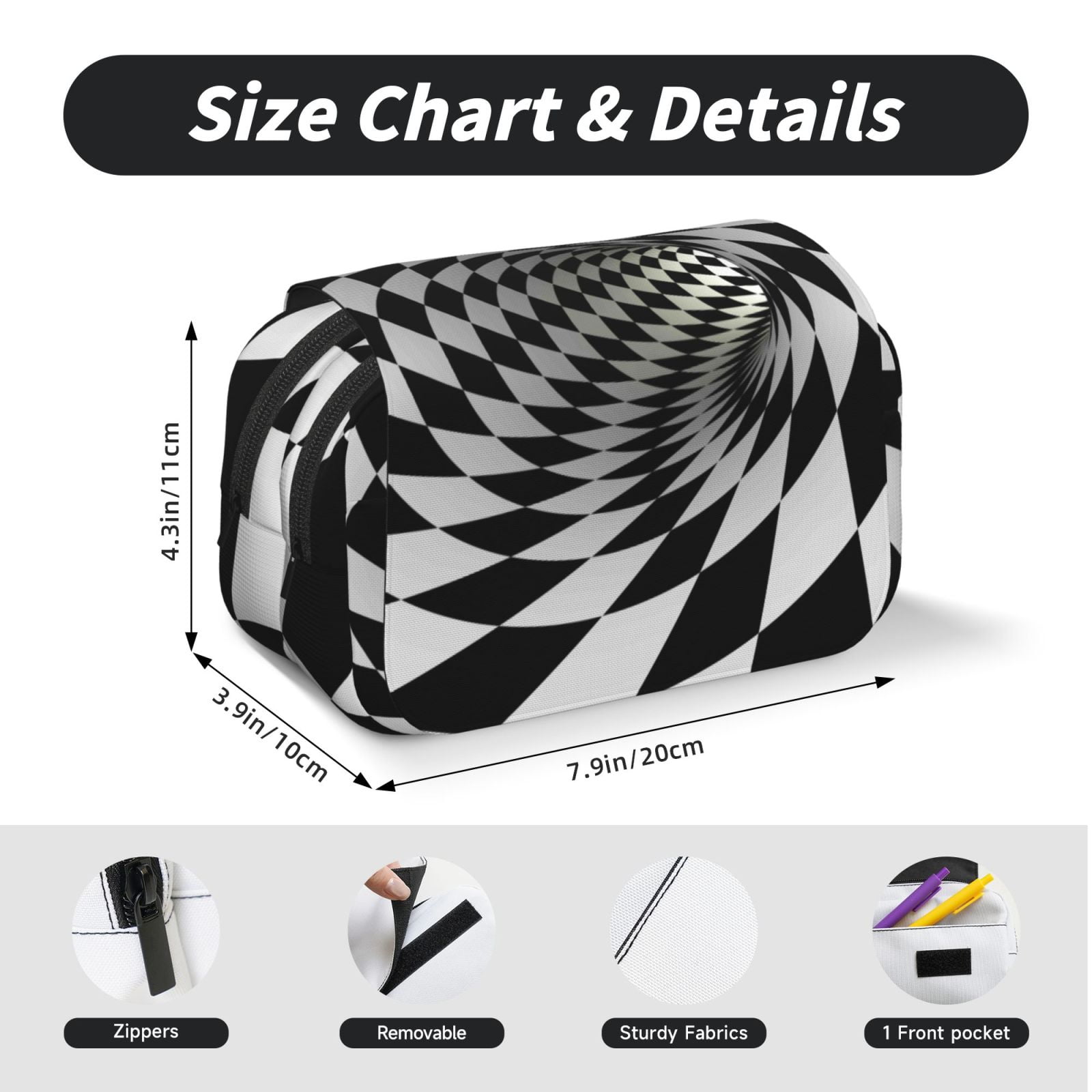 Rateoe 3D Vortex Illusion Pattern Double Clamshell Pen Case, Storage Organizer with Two Zipper Compartments– Holds Up to 50 Pencils & Pens