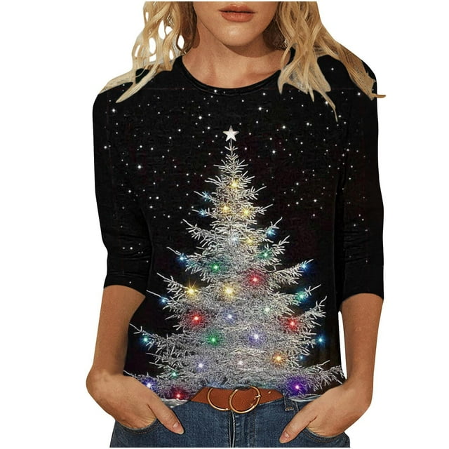 T-Shirt Décontracté de Noël pour Femmes à Col Rond et Manches Trois-Quarts