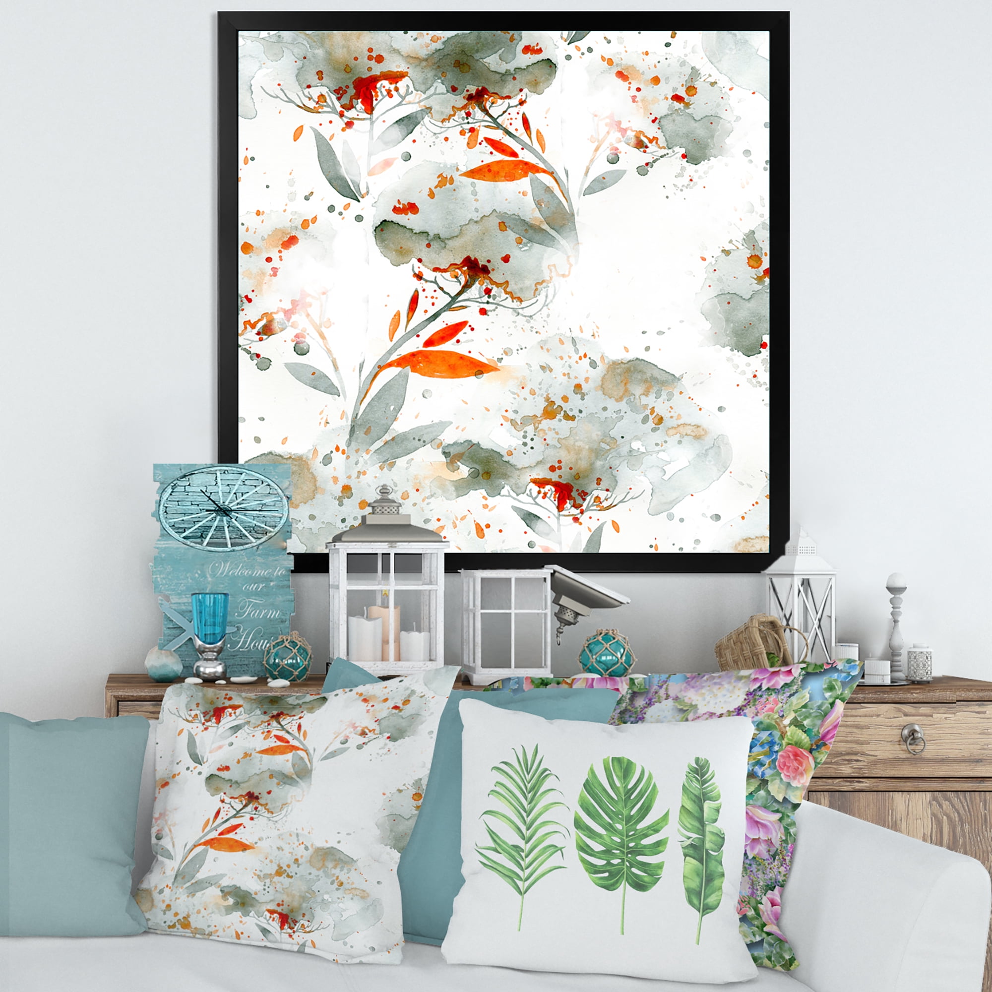 Designart 'Orange and Green Wildflowers I' Modern Framed Art Print