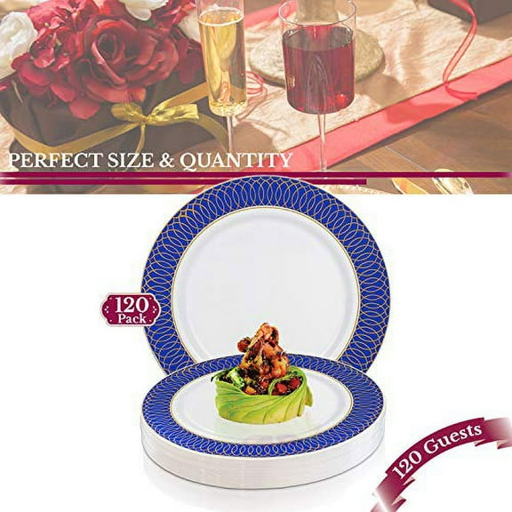 Elegant Disposable Plastic Dessert Plates 120 Pcs, 7.25" Heavy Duty Fancy White with Blue Appetizer Plates Party Supplies For Wedding, Birthday & All Occasions