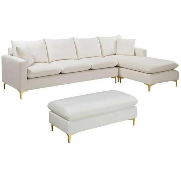Home Square 2-Piece Set with Velvet Reversible Sectional and Ottoman in Cream
