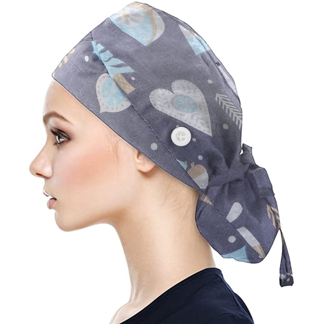 Scrub Cap With Buttons Bouffant Hat With Sweatband for Womens and Mens