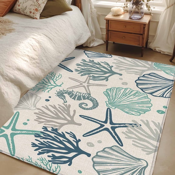 3x5 Area Rugs, Blue Teal Coastal Non-Skid Rubber Backing Large Rectangle Rugs - Living Room Bedroom Home Office, Summer Beach Starfish Coral Nautical Rustic Indoor Floor Mat Carpets Washable Rug