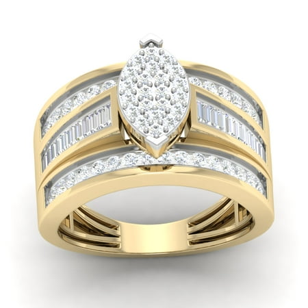 10K Yellow Gold 1.03Ct TDW Round Cut Genuine Diamond Marquise Shaped Engagement Ring I2