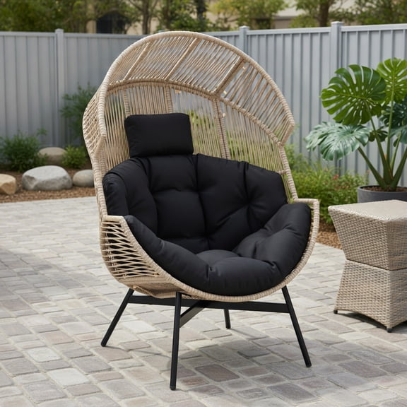 Oversized Wicker Egg Chair with Thick Cushions & Adjustable Headrest – Light Brown PE Rattan, Black/Off-White/Gray Fabric – Indoor/Outdoor Lounge Seating