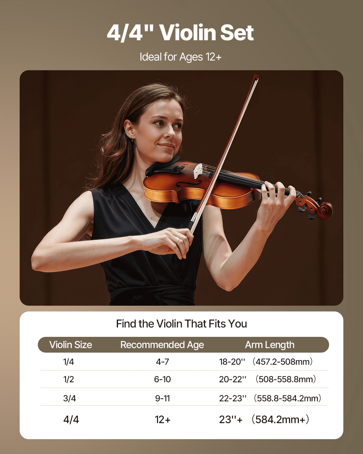 Violin 4/4 Full Size Fiddle Set Solidwood for Beginners Matte Brown