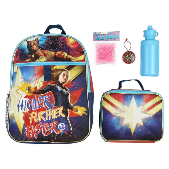 Captain Marvel Backpack Lunch Kit Water Bottle 5 Pc. Mega Set
